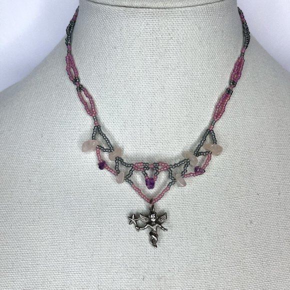Jewelry - Hand Made Cherub, Rose Quartz & Amethyst Beaded Necklace and Earrings Set